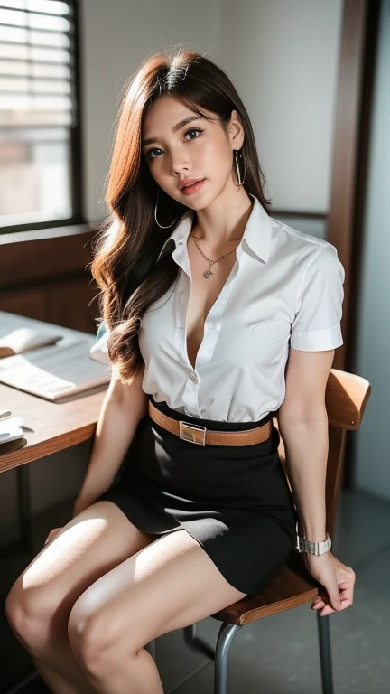 (8k high resolution), masterpiece, best quality, realistic ((medium bust)), hair in one eye, purple eyes, very big hoop earrings, sharp eyes, choker, red gemstone necklace. , (symmetrical eyes), (perfectly symmetrical body ), photo of a beautiful 20-year-old teenage girl, ((perfectly symmetrical body )), ((in the teacher's room)), (black short skirt), university uniform, (( female The girl wears a tight white short-sleeved shirt, unbuttoned, open chest showing off her beautiful breasts)) ((short black pencil skirt Deep slit skirt in front of the legs)), (mahalaiuniform), belt, hair, shorts, golden blonde hair, double eyelids, sharp eyeliner, blush eyeshadow. She has thick eyelashes, very delicate and beautiful, round chin, shot shot up from the shin, sharp focus. Elegant. She is already sitting on a full study table. Turn your head with your legs open to eye level. Sitting facing forward with legs spread out.,Open your legs. Lift your right leg over your left leg. Let your legs open naturally. Legs slightly separated. Dynamic pose, bracelet, women's watch,MIDDLE breasts,cup D