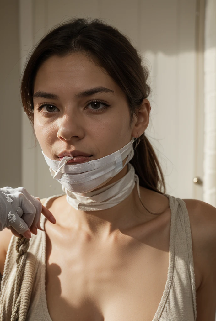 (bright lighting,romantic setting),bride,((only)), captured, dreamy background,bondage,dark hair , soft skin, alluring beauty, artistic portrait, high-quality image, vibrant colors,in the bed,tape bondage,tape gag,sit on a chair, Focus full body, barefoot.