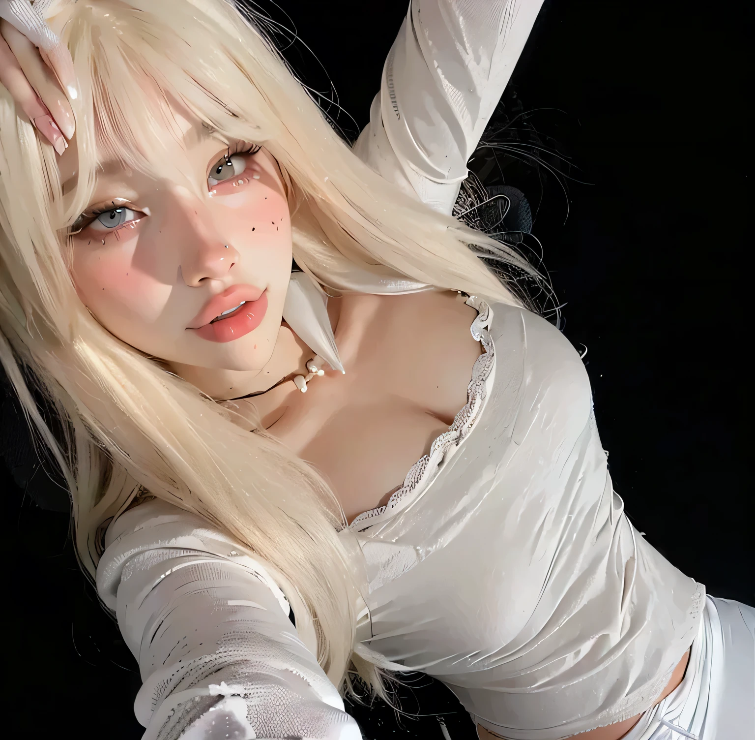 1girl in, open open mouth, 超A high resolution, Photorealistic, Best quality, 8K resolution, masutepiece, ((closeup of face)), (ahegao), Kneeling, Oh face, Open your mouth wide,Smile，ecstasy, Face up, Shoot from above, (A white liquid drips from the mouth), Ecstatic look, There is a large amount of white liquid in the mouth,,,,,, Sweat on the chest，Wet chest，,Moisten the tongue， NSFW, roll eyes, Eyes up, Zerotwo，Black color hair，fully body photo，exposing her chest，cleavage，huge tit，Childlike face，revealing breasts，revealing breasts，revealing breasts，Hold your hands on your chest