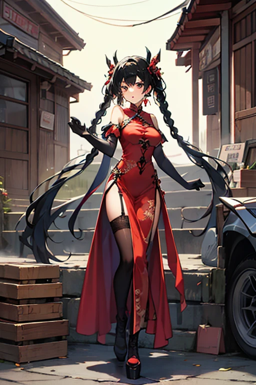 32k、Complex、Very detailed、whole body、Black semi-long hair、Wear a red Chinese dress、stand、Town、A female cyborg with a dragon motif