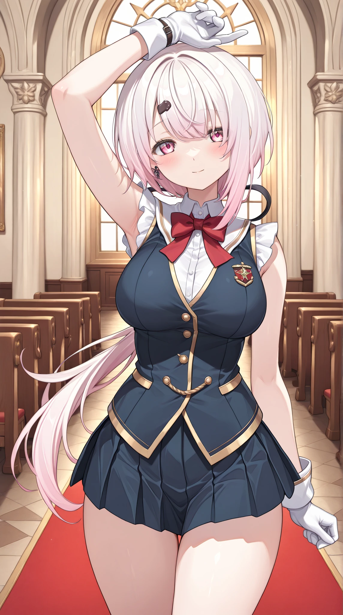 Girl with pink hair, long twin-tail hairstyle, small bushy eyebrows, dressed in gothic lolita clothes, lolicon (Zankuro) drawing style by zankuro artist, ザンクロー style, image uploaded to R34, flirty smile, lifting her skirt to show her vagina wet with semen, standing in the middle of a church during mass , ((having sex with the priest ))