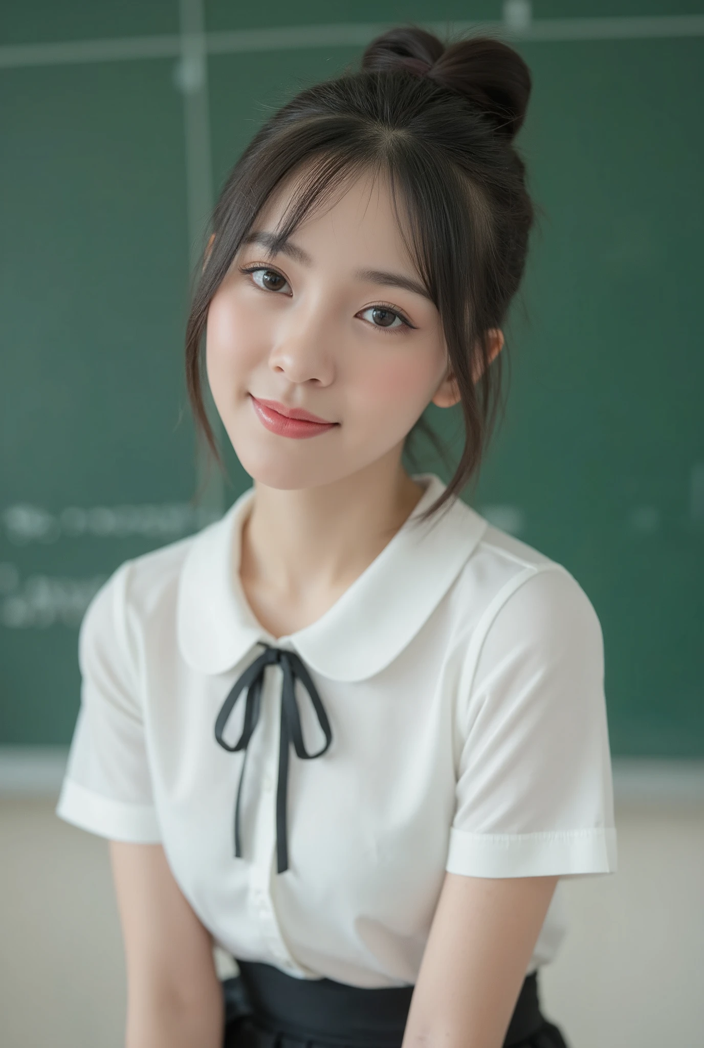 (((Masterpiece, ultra detailed, best quality, 8k, RAW Photo))), 1 girl, ((very young and feminime)), pale skin, smooth skin, slender body, perfect body, the face looks soft and symmetrical, big and bright eyes, subtle eyes makeup, thin eyeliner and peach eyeshadow, pink blush cheeks, red lips (((smile:0.8))). Black hair with center parting, (((hair neatly tied back in a bun))). White shirt with round collar, black ribbon tie, mini black skirt, (((school uniform))), neutral and warm expressions, cute girl, in the classroom, cutely pose, ((green chalkboard background)). 