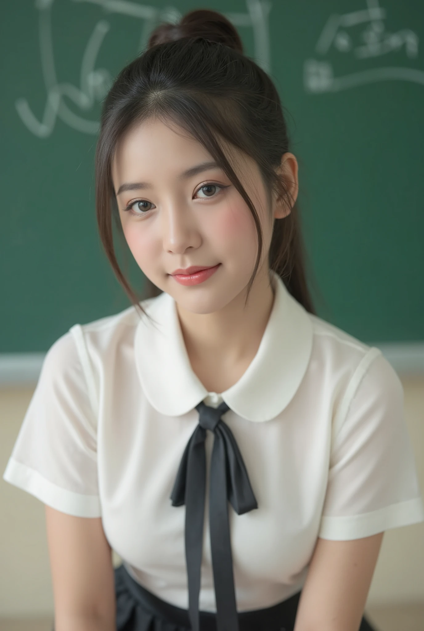 (((Masterpiece, ultra detailed, best quality, 8k, RAW Photo))), 1 girl, ((very young and feminime)), pale skin, smooth skin, slender body, perfect body, the face looks soft and symmetrical, big and bright eyes, subtle eyes makeup, thin eyeliner and peach eyeshadow, pink blush cheeks, red lips (((smile:0.8))). Black hair with center parting, (((hair neatly tied back in a bun))). White shirt with round collar, black ribbon tie, mini black skirt, (((school uniform))), neutral and warm expressions, cute girl, in the classroom, cutely pose, ((green chalkboard background)).