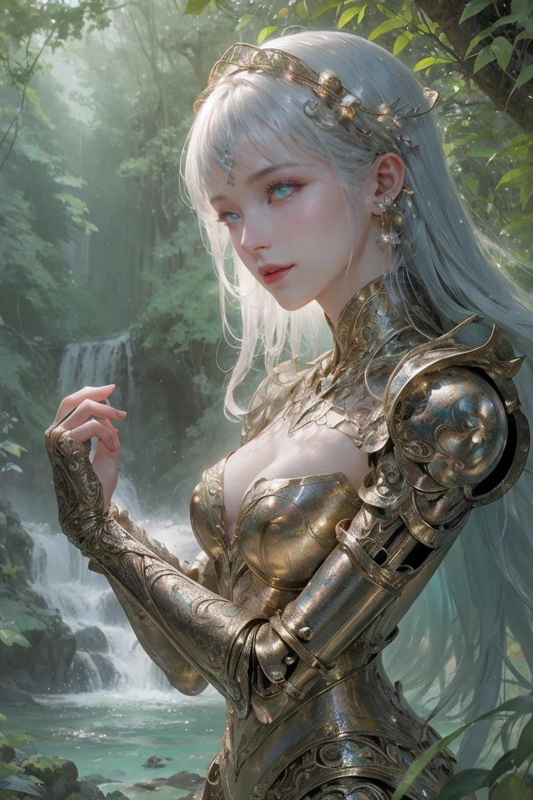 Masterpiece, best quality, 8K, high res, ultra-detailed, A stunning fantasy landcape scene, adorned by vibrant flowers, towering pines, and delicate bamboo groves,no humans, sakura, beautiful view, ultra-detailed, fine detailed, highly detailed, intricate, highly detailed, ultra-detailed, scenery,no humans, lush green mountains, winding rivers, misty atmosphere, solitary, intricate details, delicate features, verdant trees, blooming flowers, druid's circle, soft moss, deep forest, intricate leaves and vines, wisps of light, still pool of water, pristine, verdant green, A picturesque scene of a waterfall cascading down a high cliff amongst lush greenery, adorned by vibrant flowers, towering pines, and delicate bamboo groves.a close up of a robot with a red eye and a sword, movie still of a villain cyborg, inspired by Raymond Swanland, wearing witchblade armor, movie still of a alien cyborg, style of raymond swanland, crysis nanosuit, intricate assasin mecha armor, face of an armored villian, movie still of a cool cyborg