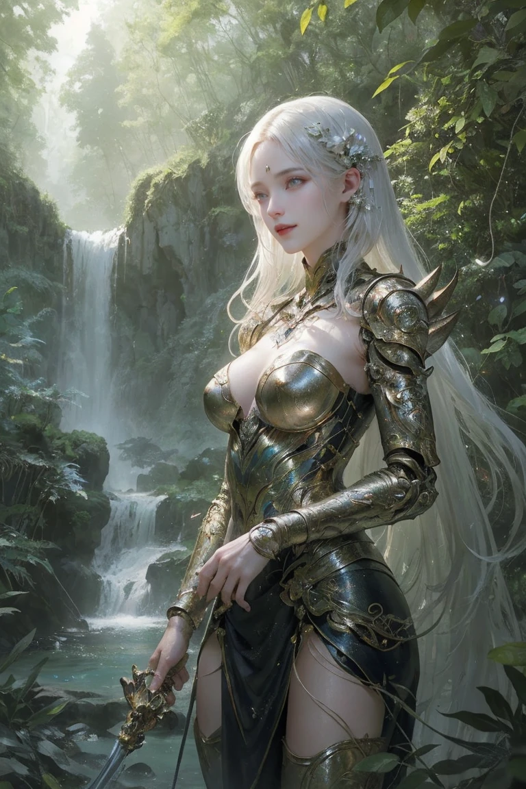 Masterpiece, best quality, 8K, high res, ultra-detailed, A scene of a waterfall cascading down a high cliff amongst lush greenery, adorned by vibrant flowers, towering pines, and delicate bamboo groves,no humans, sakura, beautiful view, ultra-detailed, fine detailed, highly detailed, intricate, highly detailed, ultra-detailed, scenery,no humans, lush green mountains, winding rivers, misty atmosphere, solitary, intricate details, delicate features, verdant trees, blooming flowers, druid's circle, soft moss, deep forest, intricate leaves and vines, wisps of light, still pool of water, pristine, verdant green, A picturesque scene of a waterfall cascading down a high cliff amongst lush greenery, adorned by vibrant flowers, towering pines, and delicate bamboo groves.a close up of a robot with a red eye and a sword, movie still of a villain cyborg, inspired by Raymond Swanland, wearing witchblade armor, movie still of a alien cyborg, style of raymond swanland, crysis nanosuit, intricate assasin mecha armor, face of an armored villian, movie still of a cool cyborg