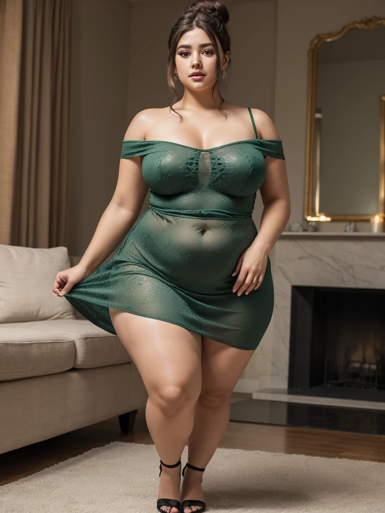 Indian gorgeous curvy plus size actress madhubala, glowing eyes, wearing SHEIN VCAY Plus Size Summer Casual Allover Print Dress, Cinched Waistline And Ruffled Hem Color: Green , covered Bust, parted lips, thick thighs, bigger waist, busty, curvy plus size body, full body, full body shot, head to toe view, hourglass body, curvy plus size body, smile face, bigger waist, busty, big hips, fleshy thighs, thick thighs, busty, full body view, Dubrovnik Old Town, Croatia: Medieval walled city with stunning coastal views.