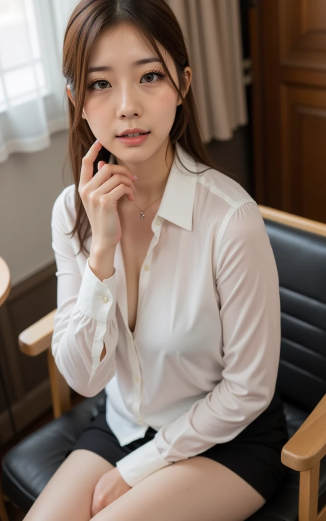 He wore a business shirt with a plunging neckline、Elegant upper-class elite secretary, Working in the office、厳格なsuitを着ている, Wearing pantyhose、Wear high-quality high heels、 Girl in a shirt, suitを着ている, suitを着ている, suitを着て, Businesswoman, Business Wear, 黒のsuitを着ている, Wear a shirt and a mini skirt, suitを着た女性, suit, ビジネスsuit, RAW Photos, (8k、Highest quality、masterpiece:1.2)、(Intricate details:1.4)、(Photorealistic:1.4)、Octane Rendering、Very detailedな複雑な 3D レンダリング, Soft studio light, Rim Light, Sharp details, Very detailed, Realistic skin texture, face, Beautiful and detailed, Very detailed CG Unity 16k 壁紙, Compensate, (Detailed Background:1.2), Exposed thighs!!!,(Open Leg 1.5).Panties Pensive Lingerie), The blouse has a wide opening at the chest..., Exposed Skin, Protruding nipples.