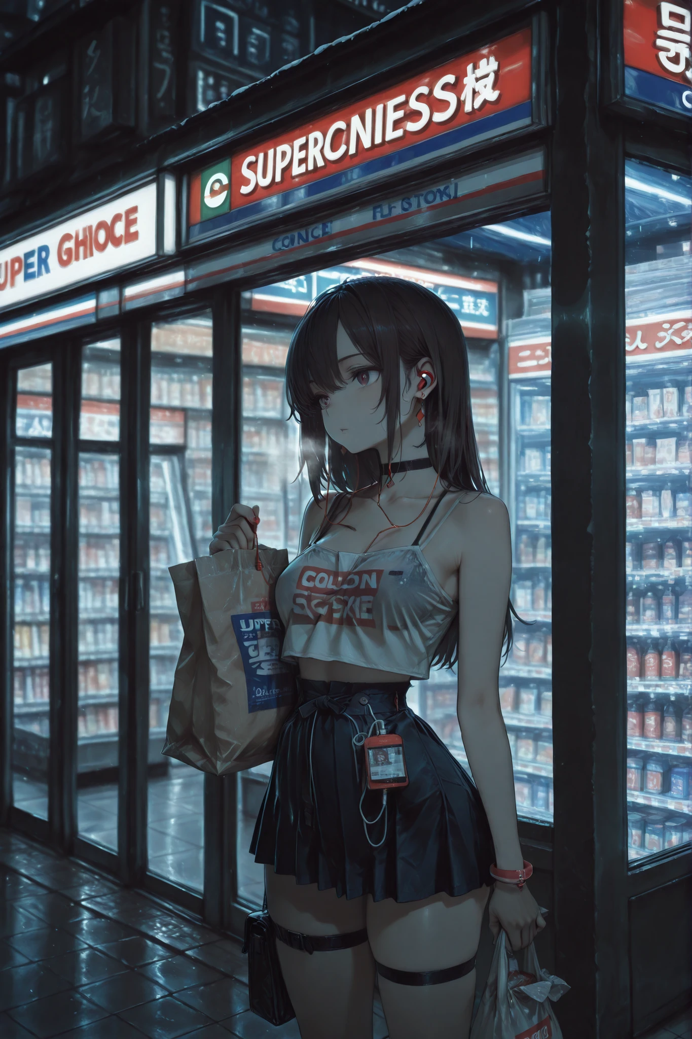 female, bracelets, neck choker, earrings, waist chains, dynamic, dark, night, cold, winter, thigh strap, 1girl, convenience store front background, standing outside, in front of the convenience store, super short skirt, thong, tiny tank top, visible bra strap, earbuds, holding aplastic bag of groceries