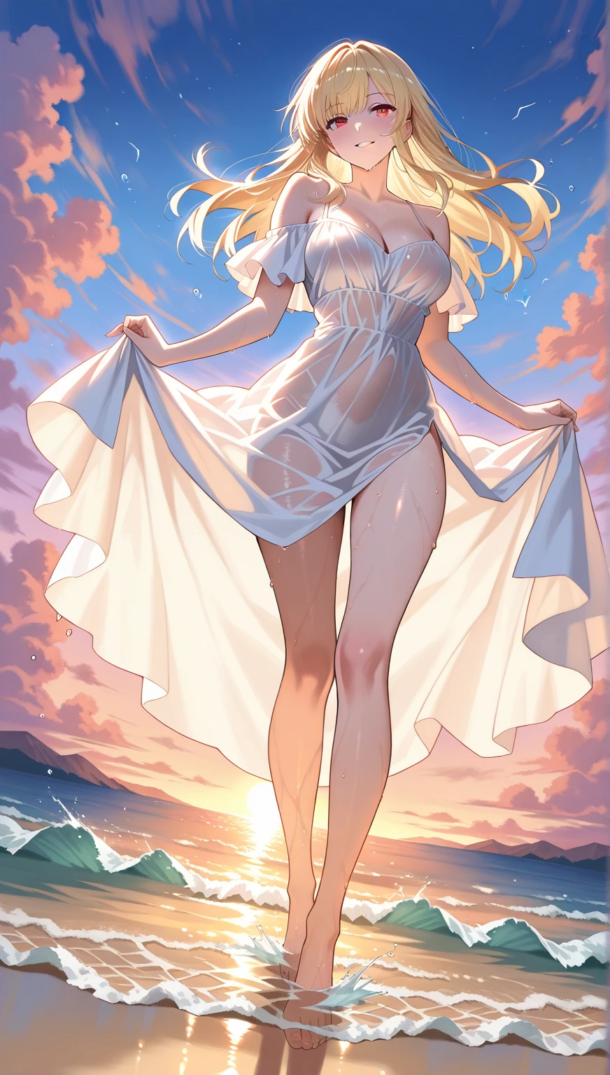 there is one girl coming out of the sea, the Swan Princess from Russian mythology, a beautiful calm face, blue eyes, blond long hair braided into one braid, the moon moon is woven into the hair on the back of the head, white old Russian shining clothes, a kokoshnik crown on her head, an affectionate look, a half-smile, a gentle expression on his face, a background seascape and sunlight, seagulls in the sky, full-length,  Photorealism