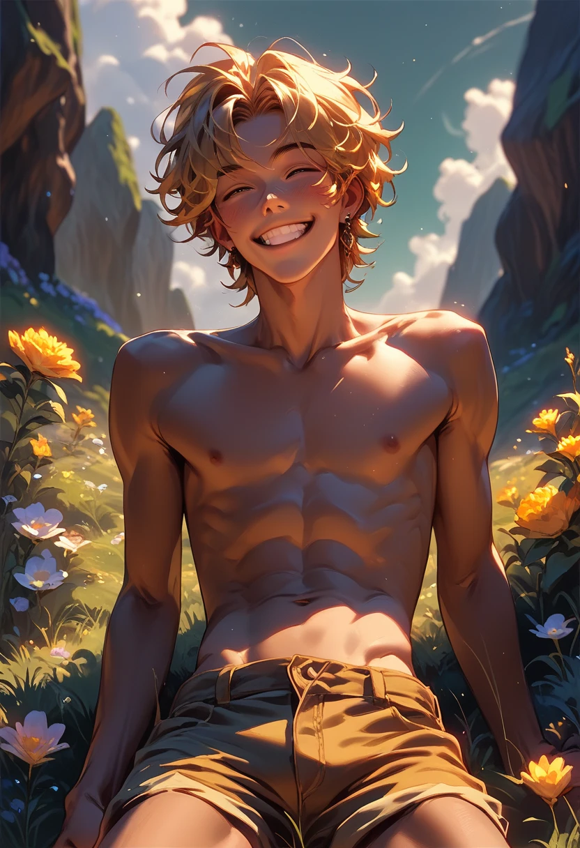 a very skinny boy with long golden hairstyle, 22 old, while he is sitted down in the high grass hills near a funny cat and some happy butterflyes, he has long dgolden hair, slim tanned skin body, skinny flat abs, naked, he is showing his body wearing his stunning shorts, smiling facial expression, warm light details of the rocky valley with stunning flowers and a dark cloudy romantic sky. some happy butterflyes and cats around.