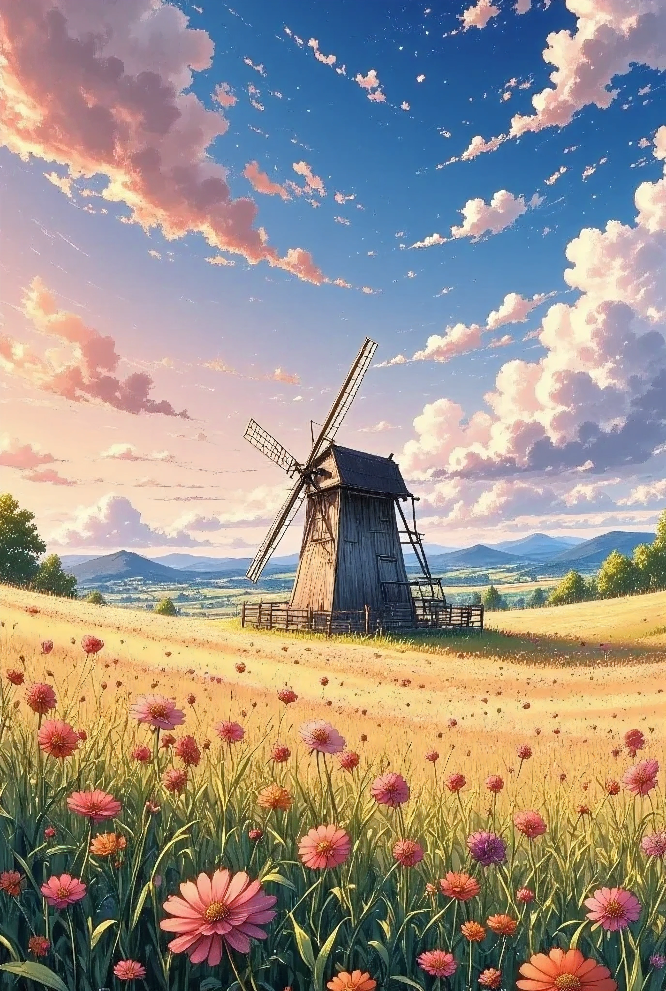ultra aesthetic scenery, anime background, ultra quality compsition, beautiful nature, ambient light, volumetric lighting, hdr environment,masterpiece, cinematic lighting, ambient light, volumetric lighting, ultra aesthetic environment, 8k, 16k, hdr, best quality, indirect lighting, super quality composition,,,,,,,,,,,,,A pastoral scene with a golden wheat field swaying in the breeze under a vast sky filled with fluffy white clouds. A solitary windmill stands in the distance, adding a nostalgic, rural charm to the image
