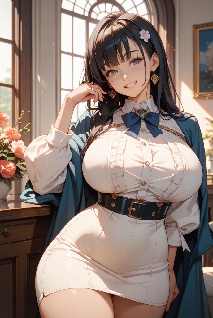 masterpiece, best quality, Himejima_Akeno, 1 Girl, Himejima Akeno, Lovely, Solitary, permanent, Large Breasts, (((Full and soft breasts,)))(((Huge breasts))) (((Cleavage))) (Perfect curvy figure),
(Guo_Faculty_School_), Red_skirt, School_, long_sleeve, Lower Bust, shawl, Black_Ribbon,
purple_Eye,
Awkward, Smile, classroom,