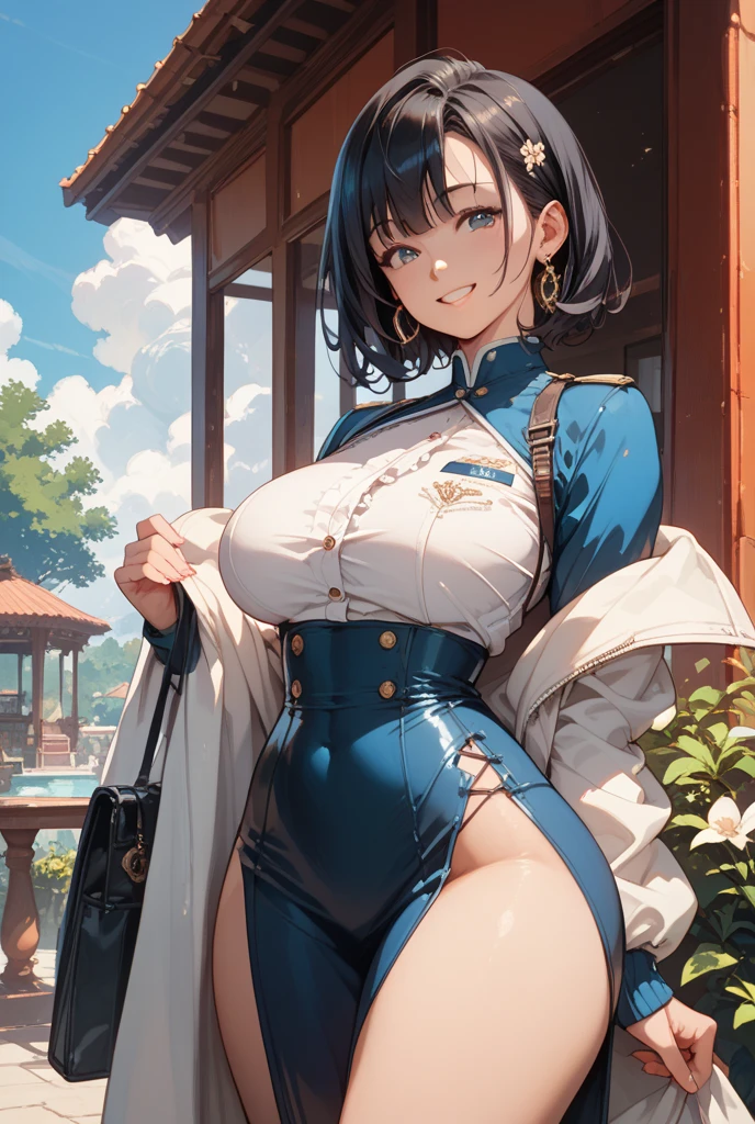 masterpiece, illustration, old anime, cowboy shot, 1girl, solo, thick thighs, big breasts, black hair, bangs,