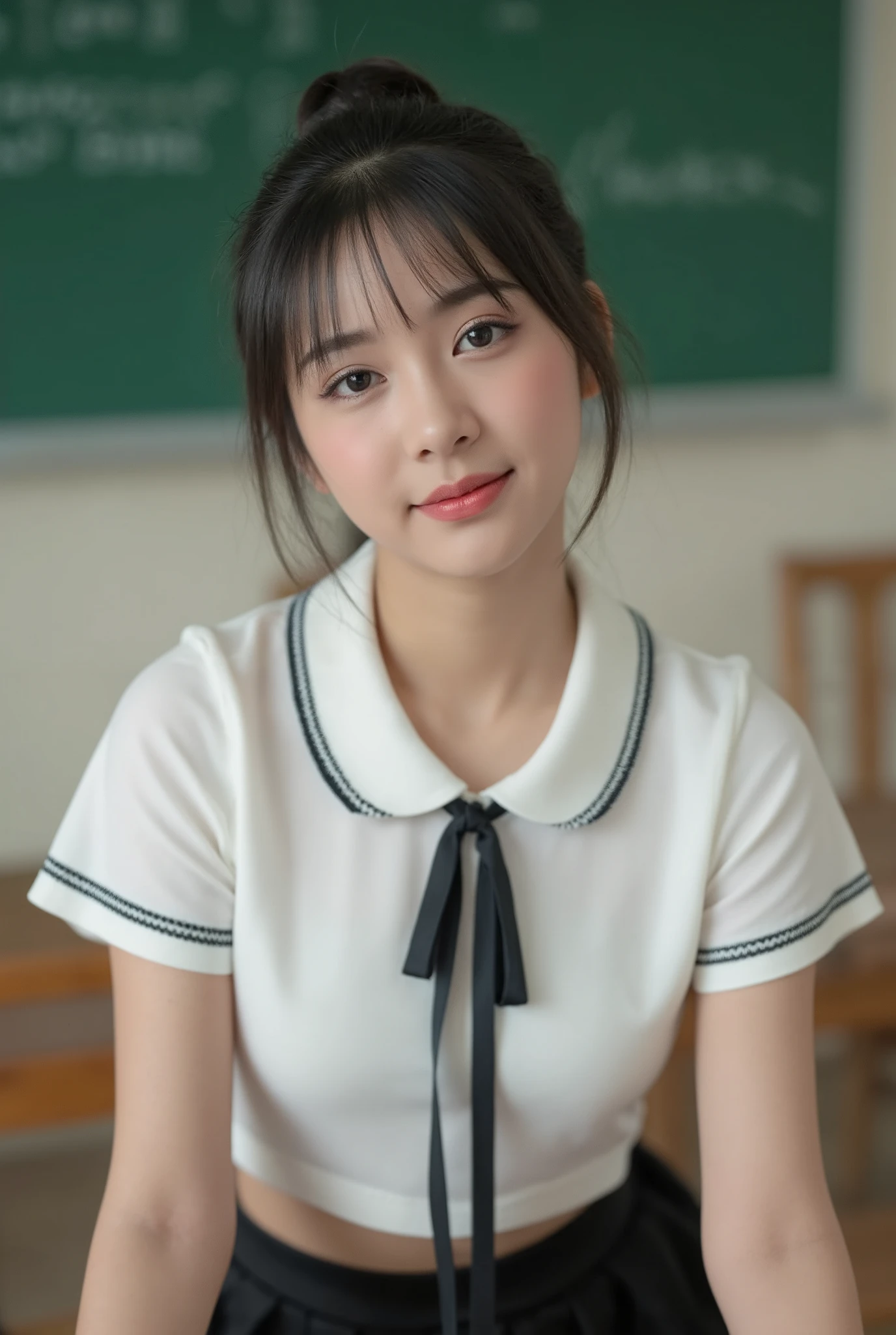 (((Masterpiece, ultra detailed, best quality, 8k, RAW Photo))), 1 girl, ((very young and feminime)), pale skin, smooth skin, slim body, perfect body, the face looks soft and symmetrical, big and bright eyes, subtle eyes makeup, thin eyeliner and peach eyeshadow, pink blush cheeks, red lips (((smile:0.8))). Black hair with center parting, (((hair neatly tied back in a bun))). White shirt with round collar, black ribbon tie, mini black skirt, (((school uniform))), neutral and warm expressions, cute girl, in the classroom, cutely pose, ((green chalkboard background)). 