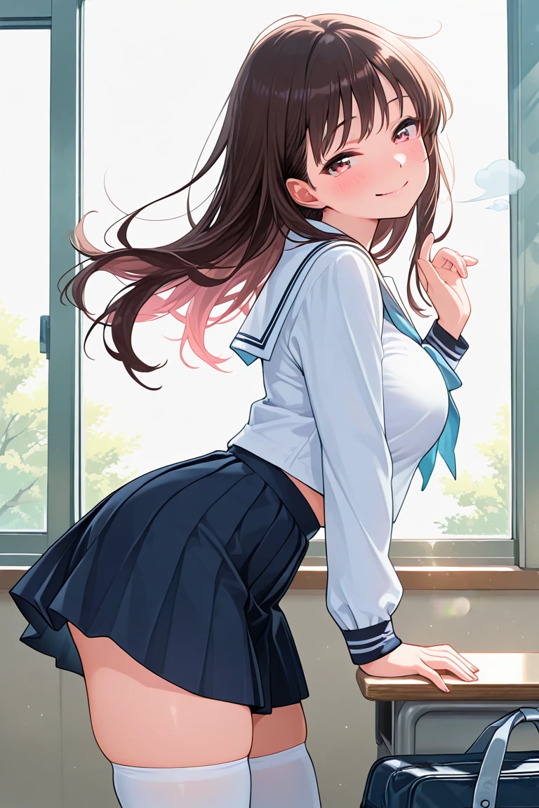 (Best quality, 8k, 32k, Masterpiece, UHD,:1.2),RAW, (2girls),ultra cute , natural lighting,transparent shining eyes, 20yo,medium breast ,fair complexion ,flushed face, (Pink floral hair ornament), brown hair, (sheer micro-panties:1.6), cameltoe, School, classroom, soft smiling, nsfw, ((school uniform)), show off panties, From Behind and Below, leaning forward