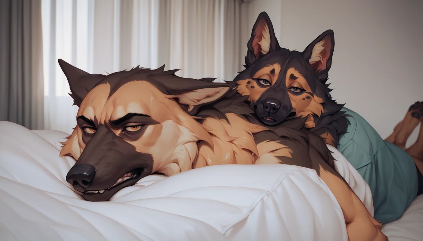(((Masterpiece, highest quality, high definition, high detail))) absurd resolution, absurd quality, very high detail, 4k, 8k, best quality (by syuro, dagasi, nezumi, zaush, sigma x, darkgem, personalami, difetra), thrusting very hard, thrusting very deep, anatomically correct, anatomically correct genitalia, german shepherd dom, anal, anal knotted, anal penetration, animal genitalia, animal penis, bdsm, huge dom small sub, huge top small bottom, bedroom, black nose, blep, bodily fluids, bondage, bound, canine genitalia, canine penis, claws, cum, cum in ass, cum inside, cum while penetrated, dominant, huge dominant male, drooling lots, duo, eyes open, feral, feral on feral, fur, from behind position, genital fluids, genitals, hands-free, giant knot, knotted, knotting, knot in anus, lamp, male, male/male, small male penetrated, huge male penetrating, male penetrating male, muzzle (object), muzzled, open mouth, orgasm, penetration, penis, restrained, saliva, sex, size difference, sub experiencing immense pain, submissive, submissive male, tongue, tongue out, tail, tail fully visible,