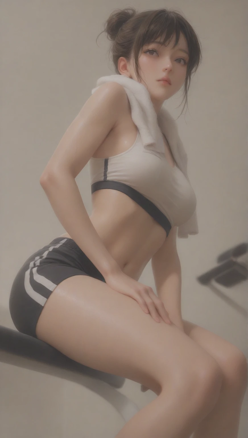 (The highest image quality:1.35), High quality, (8K:1.3), Realistic Photos, (One beautiful woman:1.33), Beautiful expression, Eyes and faces with detailed, (muscular body:1.2), (Thin sportswear:1.3), (Woman exercising in gym), Smiling, (Beautiful lighting:1.3), Super Detail, high detailing, High quality, High resolution, muscular build, (Large breasts:1.3), (able to see shape of nipple:1.2), (Very short hair:1.33), (Beautiful woman), (Wear thin leggings:1.25), (Sports Bra:1.33), (You can see your armpits:1.4), cleavage, (Cute navel:1.25), (From head to knee:1.4), (Standing Pose:1.3), (Depth of field f/1.8), (looking in camera:1.35), Sharp Focus, (Muscular thighs:1.4), Raw photography, (Strobe shooting:1.4),
