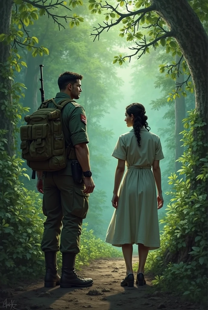 Draw young blond boy 1,80 tall, white skin color, with little beard, he being a soldier carrying a rifle, with his wife of 1,65 tall, with black curly hair, e de white skin color, wearing glasses, and wearing a skirt. Brazilian environment 
