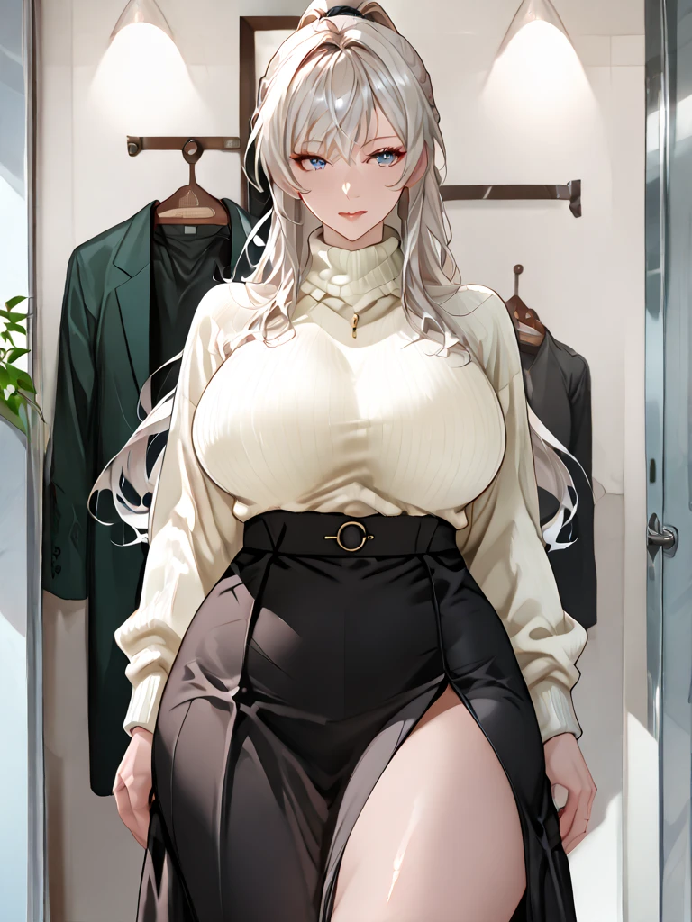 (insanely detailed,beautiful detailed face,masterpiece,intricate details,best quality),luminyu, 1girl, solo,straight hair,standing,hair pulled back,long hair,(full body),(curvy,mature female,milf,extremaly sexy),medium breasts,white hair,black thighhighs,long locks,sidelocks,sweater,turtleneck sweater,thong,clothed female,pencil skirt,(contrapposto,hand on hip:1.1),(serious face),