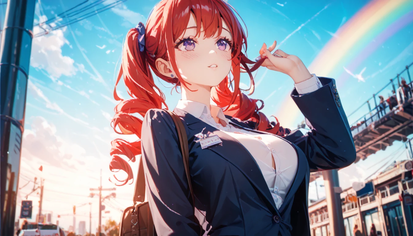 1 Female,High definition,high resolution,Ultra-realistic,8K, 8K, 1girl, solo, red hair, red eyes, twintails, employee uniform, pencil skirt, skull print, navy cap, fang, black legwear, white gloves,European,sexy,Upper body close-up,Photographed from the front,Dynamic Angles,(blush), big tits , happy, wink the eye,facial, sweat, outdoors, moonlight, night , windy,bus station background