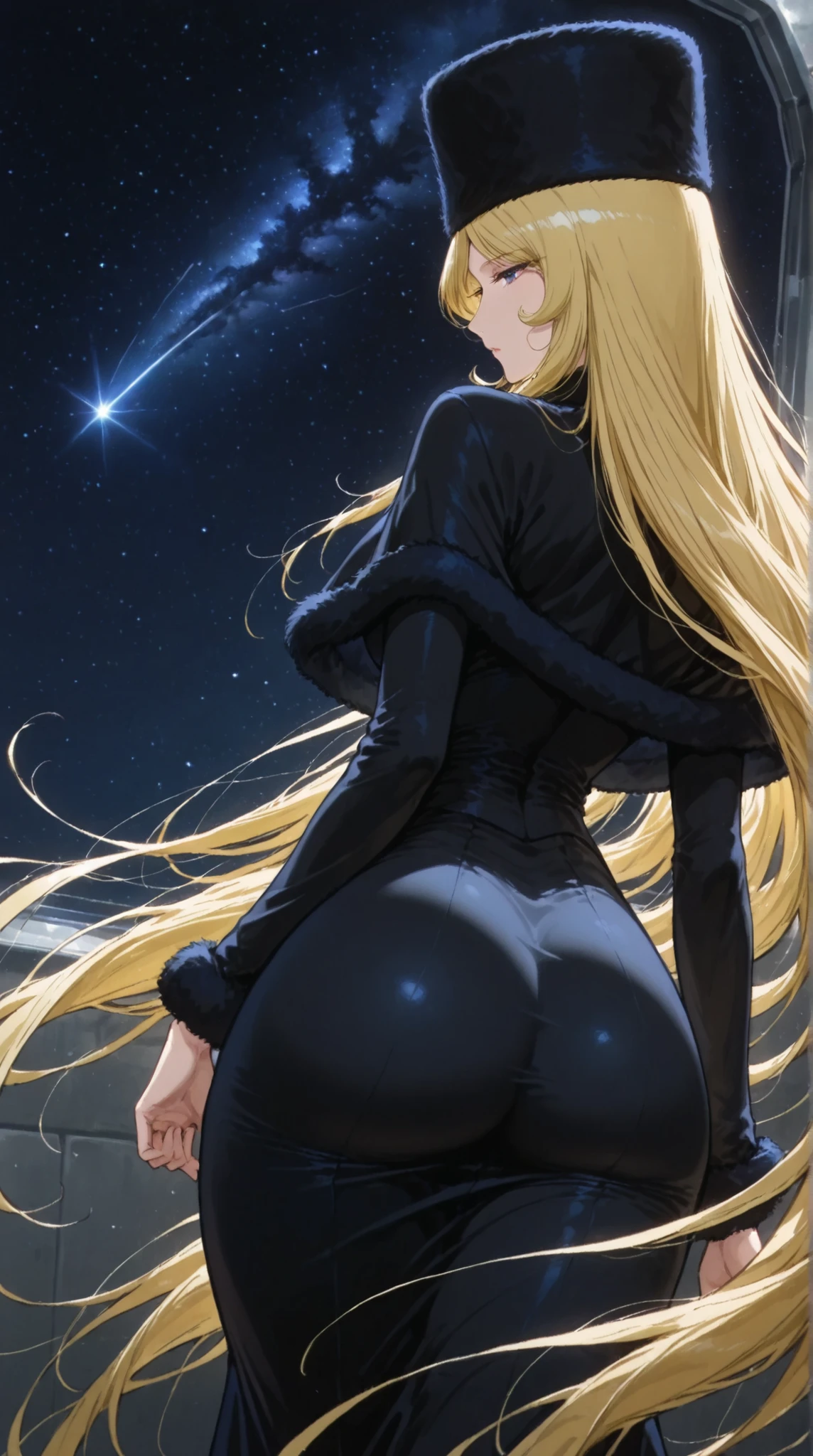Maetel, best quality, amazing quality, score 9, 1girl, black clothes, space, hands out, fur hat, curvy hip,from behind