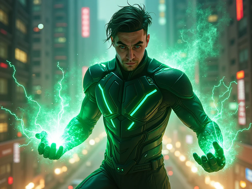 glowneon, cinematic film still, glowing cyberpunk ninja emitting sparks, dark green, the matrix <lora:glowneon_xl_v1:1>