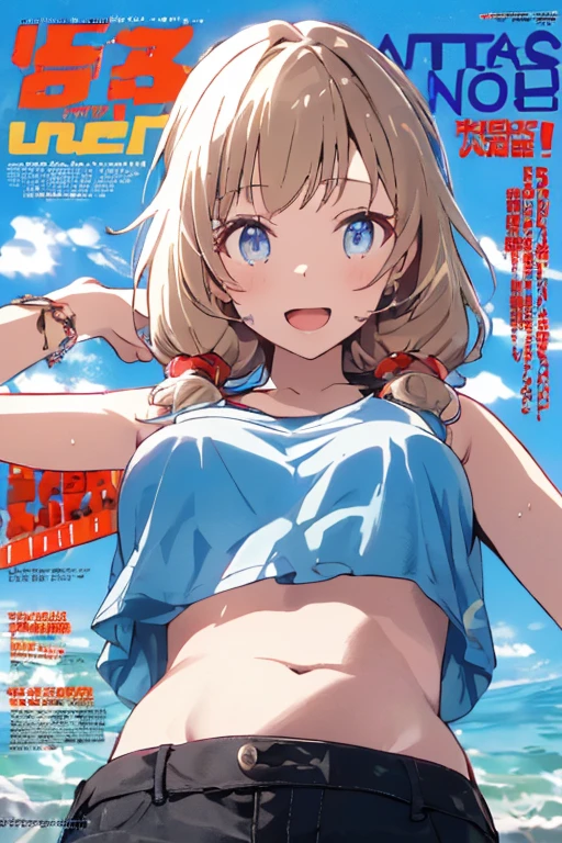 sleeve cape, boys and girls, manga style, beachfront, bikinis, having fun at sea,