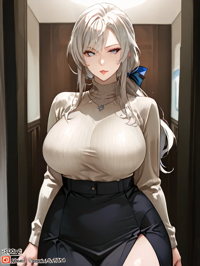 photorealistic, (4k), depth of field, (Masterpiece), (realistic skin texture), extremely detailed, intricate, hyper detailed, professional photography, bokeh, high resolution, sharp detail, best quality, woman, long hair, white hair, braid, hair over one eye, braided ponytail, purple eyes, black dress, long sleeves, puffy sleeves, turtleneck dress, wide leg jumpsuit pants, pants tucked in,  aMei, dynamic pose, (one hand on her hip, one hand behind her head), interior, (hallway), huge breasts, big breasts, cleavage, close shot