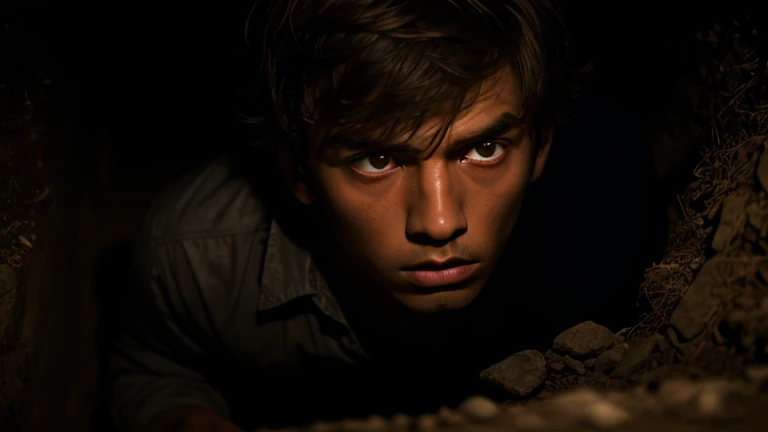 The survivor's face is unrecognizable. Su piel, pale and marked by deep circles under the eyes, shows the ravages of the traumatic experience he has experienced. The clothes he wore before are now torn and stained with mud and dried blood., as vestiges of the fight he had inside the cabin. The expression on his face is one of pure desolation and horror., His empty, glassy eyes reflect the terror that still consumes him even after he has escaped..
