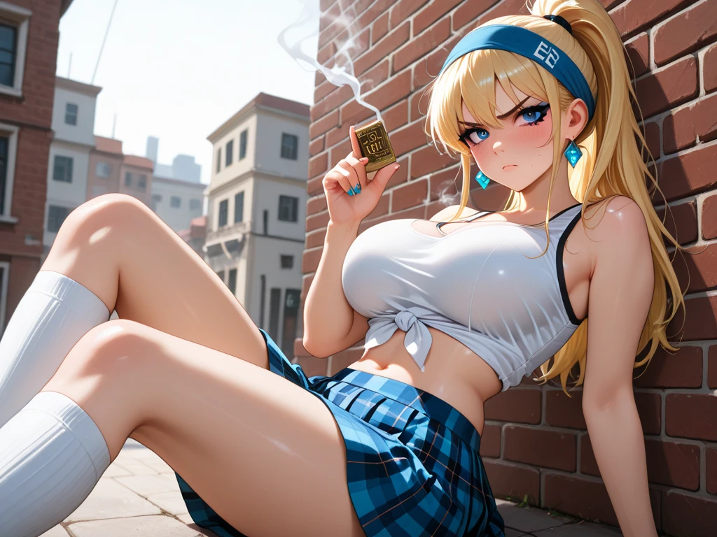 Blonde girl eating a taco at a taco shop Wear sneakers High leg shorts with suspenders Large Breasts Showing your belly button Ultra low rise Knee-high socks No underwear Belt on chest