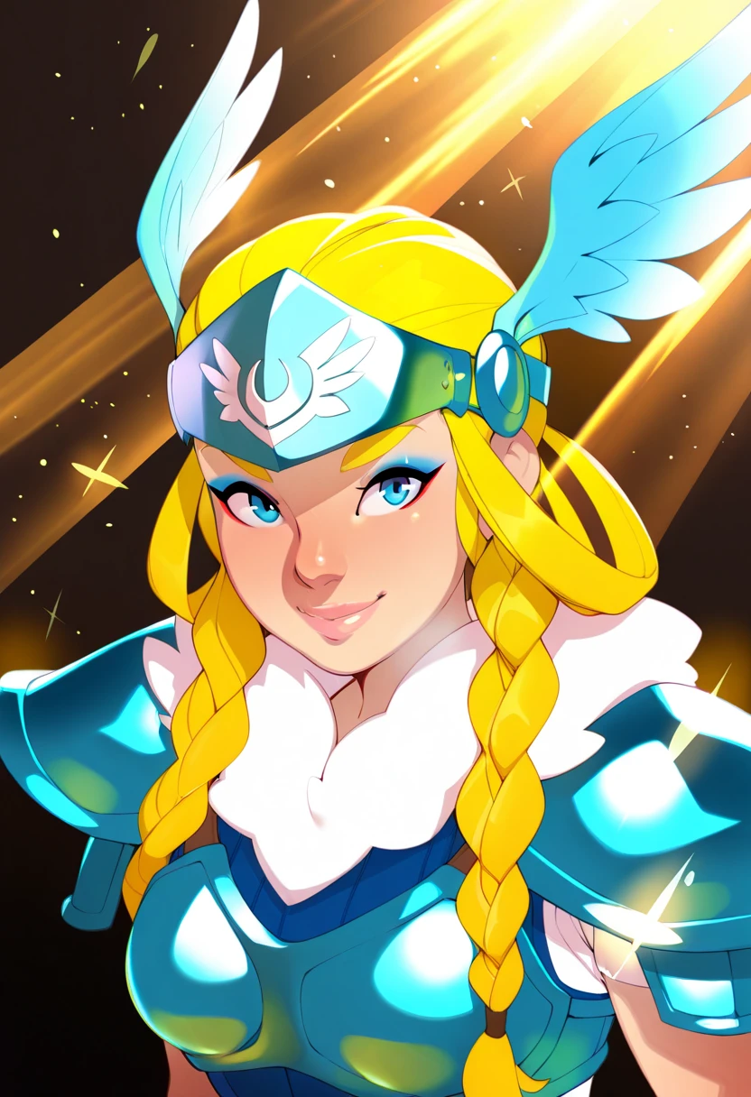 comles, farfinfarfin,

1girl, solo, braid, eyeliner, lips, makeup, nose, smile, armor, blonde hair, blue eyes, blue wings, bracer, chest guard, eyebrows, forehead protector, fur collar, fur trim, hair rings, head wings, light, light rays, long hair, looking at viewer, shoulder pads, sunlight, upper body, valkyrie, wings