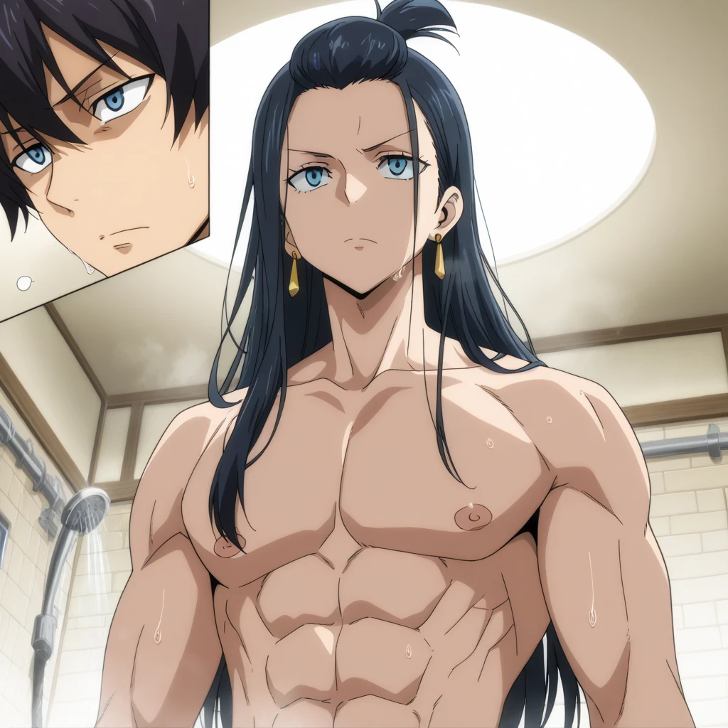 high quality, (soro japanese teen boy:1.5), (detailed eyes), (black long hair), (muscle:1.5), naked, (dark wet skin), (detailed puffy nipples:1.3), penis, cumshot,smirk, looking at viewer,
