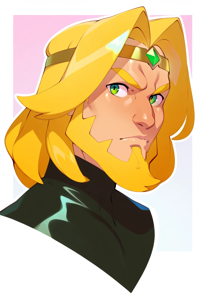 comles,
1boy, solo, portrait, beard, circlet, serious, nose, blonde hair, medium hair, facial hair, green eyes, hair intakes, closed mouth, black shirt, male focus, looking at viewer, shiny, turtleneck, shirt