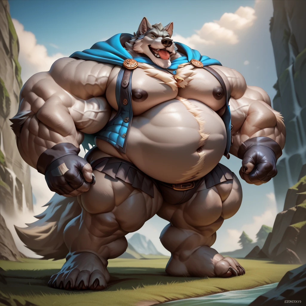 uploaded to e621.net, masterpiece, 8k, hyena, male, gray hair, soft figure, heavy, chubby, muscular, barbarian outfit, laughing, brown leather outfit, beige fur, spots, bare paws, standing, looking down, (huge penis:1.2), (thick penis:1.6), (huge testicles:1.3), (thick foreskin:1.2), (flaccid:1.4), primitive keep, stone room, treasures, (giant:1.7), (macro:1.4), (crowded:1.3), (figures in background:1.5), (muscular guards:1.2), longhouse, by darkgem, by bng, by duase, by gideon, by teaselbone,