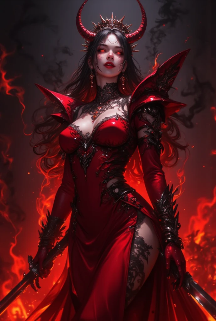 Arafed a picture of the queen of demons, in the halls of hell, a demons queen magnificent and full of awe, black hair, long hair, flowing hair, bold intense eyes, extremely exquisite beautiful queen, perfect body, (anatomically correct: 1.3), ultra feminine, ultra detailed face, black lips, fiery glowing eyes, (demonic horns from head: 1.1) , (red skin: 1.3), dynamic angle, there is (golden crown on her head: 1.1) , studded with diamonds and rubies, the hall of the queen of hell background, (masterpiece: 1.4) intense details, highly detailed, photorealistic, best quality, highres,16k, [ultra detailed], masterpiece, best quality, (extremely detailed), close up, ultra wide shot, photorealistic, RAW, fantasy art, dnd art, fantasy art, realistic art,((best quality)), ((masterpiece)), (detailed: 1.5), 