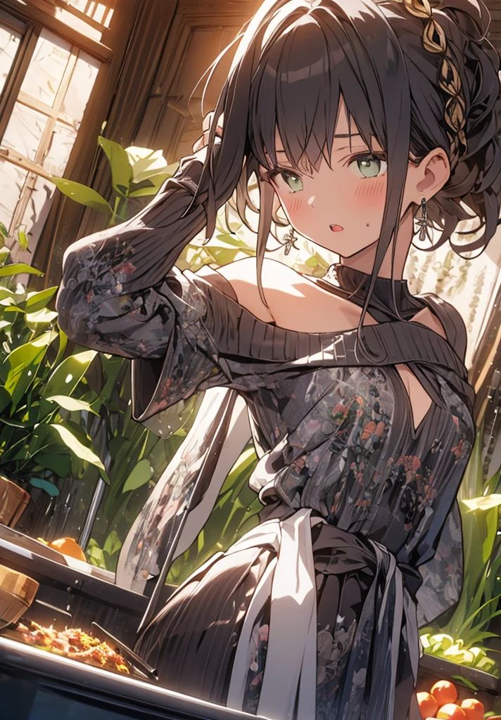 (small breasts:1.3), (perky chest:1.1), (pointed chest:1.0), (fashion magazine cover:1.3)，(from below:1.0),(from side:0.9),masterpiece, 1girl, Amazing Cleavage:1.1, thin waist, big ass, Raised sexy, small breast: 1.3, posed cleavage:1.2、solo, looking at viewer, open mouth, have a cute grass of cute beergrass,black hair, dark green eyes, dress, bare shoulders, jewelry, collarbone, sidelocks, hairband, earrings, indoors, off shoulder, :o, sweater, arms behind back, plant, short hair with long locks, gild hairband, off-shoulder dress, sweater dress, off-shoulder sweater, red sweater, dark gord hair, big side hair, very long side hair,is rendered in (masterpiece: 1.2, best quality), with (ultra high resolution) and an exquisite (depth of field). This masterpiece is not only visually stunning but also tells,A scene of cooking in the kitchen by classroom
