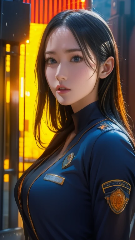 8k, Ultra-high resolution, Highest quality, masterpiece, 三分割法によるphotograph,Surreal, photograph, 1 , (:1.3), cute, cute顔, 細部までBeautiful Eyes, 細かくdetailedに,masterpiece,One Girl:1.2,Japanese women,Policewoman,upper body,glaring,Black short hair,Ponytail,ID photo,(Police officer of the future:1.3),cyber punk,Future City,white collar,((Fusion of humans and androids))(Beautiful attention to detail),Subtle details, detailedな顔,anger,Attractive eyes,(ポートレートphotograph:1.4),(Photorealistic images:1.4),Fantasy art,(Beautiful Face:1.4),美しくAttractive eyes、Beautiful Eyes,Silver residue,(Tight waist:1.4)、(Beautiful with perfect body proportions:1.4),Pink Lips,profile,(((Ideal body type))),A-cup small breasts :2,、Portraiture:2、Perfect Anatomy、鮮明なdetailed、detailed,Fashion magazine cover,Thin lips,完璧でBeautiful Face ,完璧でcute顔, Skin with attention to detail, Perfect limbs、Narrow waist,Surreal,Light and shadow,spotlight