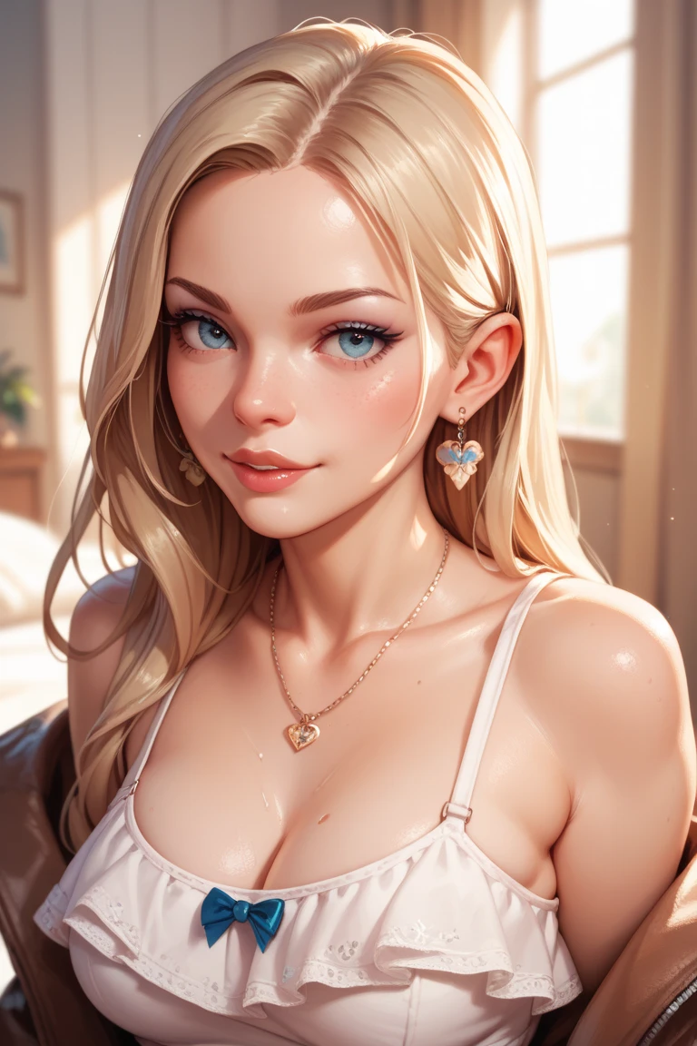 (((a close up on a face))), 1girl, masterpiece, best quality, ultra-detailed, beautiful detailed, (((extremely detailed face))), (wavy curly white hair), (long hair) (((choppy layers))), (white shirt) huge breasts, nipples, showing cleavage, street, (look down), (grin), red lipsticks (huge chest), (piercing jewelry), (choker), (white top)