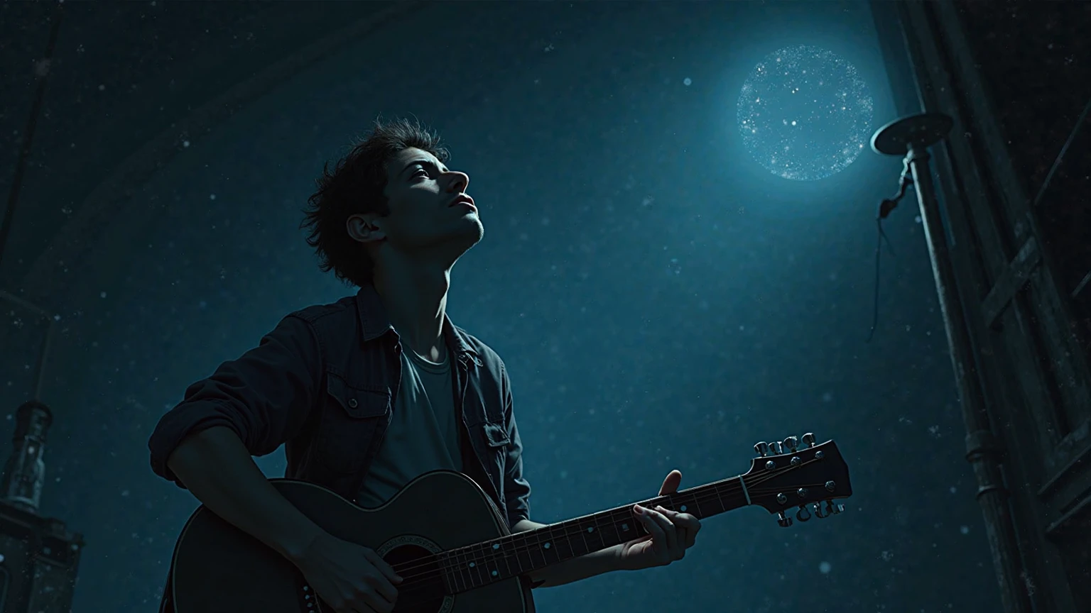 Dark night sky with bright moon and stars under which a men singing with a guitar. Men with dark theme. Bright glittering effects in the men, trees and sky.