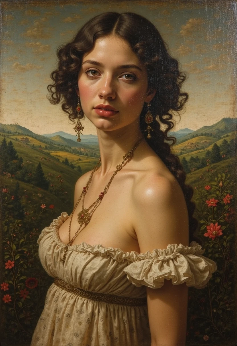 A oil painting, slender girl, big breasts, naked, a vineyard in the background, touching th grapes
