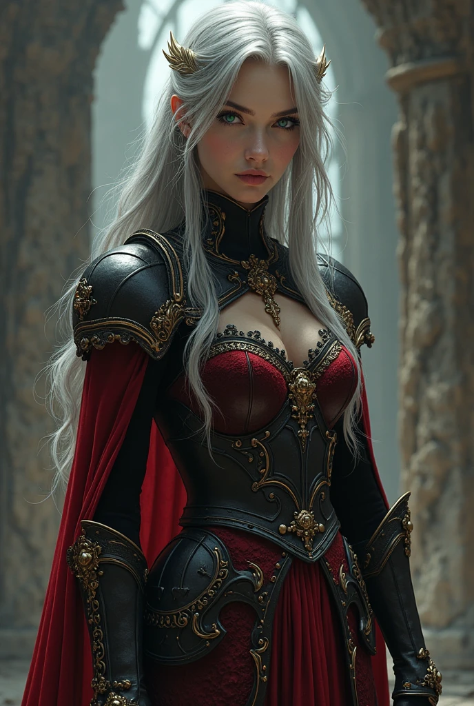 Realistic photos of beautiful mature women, (Catherine Zeta-Jones:0.5), (Skin Texture:1.1), (Detailed eyes), (white hair with black roots,), (Long wavy hair), (Detailed face), (Skin pores), (Legs), (broad shoulders), (strong thick body), pale skin, ((High Detail Filigree Armor)), On the ramparts, Facing the camera, (masutepiece), (Photorealistic:1.4), Raw photo, Best Quality, hight resolution, Rich colors, Backlight, Bright sunlight, Cinematic lighting, Film grain, Raw photo, 50mm Lens, Nikon D850, Warm colors Beautiful red and black armor Black and red trousers
