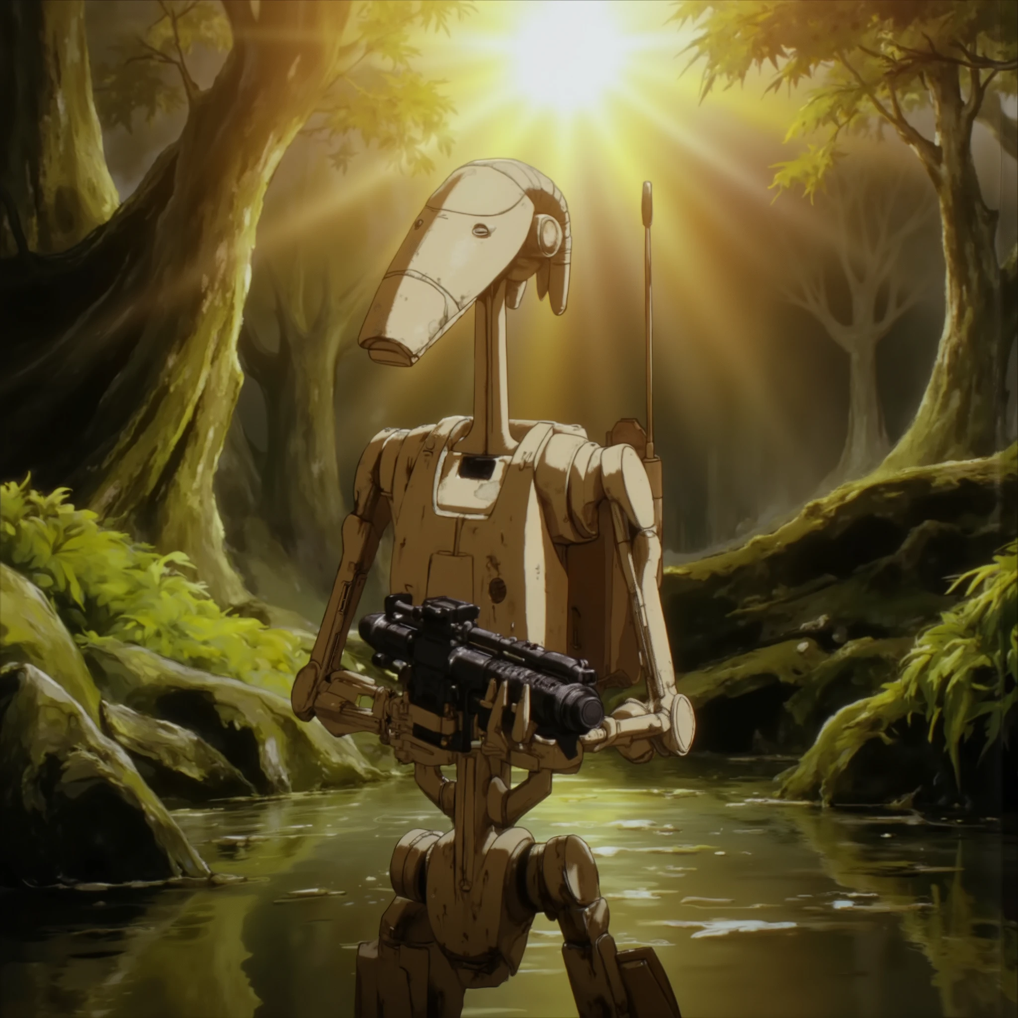 b3rs3rk B1 droid holding gun in forest,water effects, sun rays, realistic lighting, beautiful environment, shrubbery, reflections