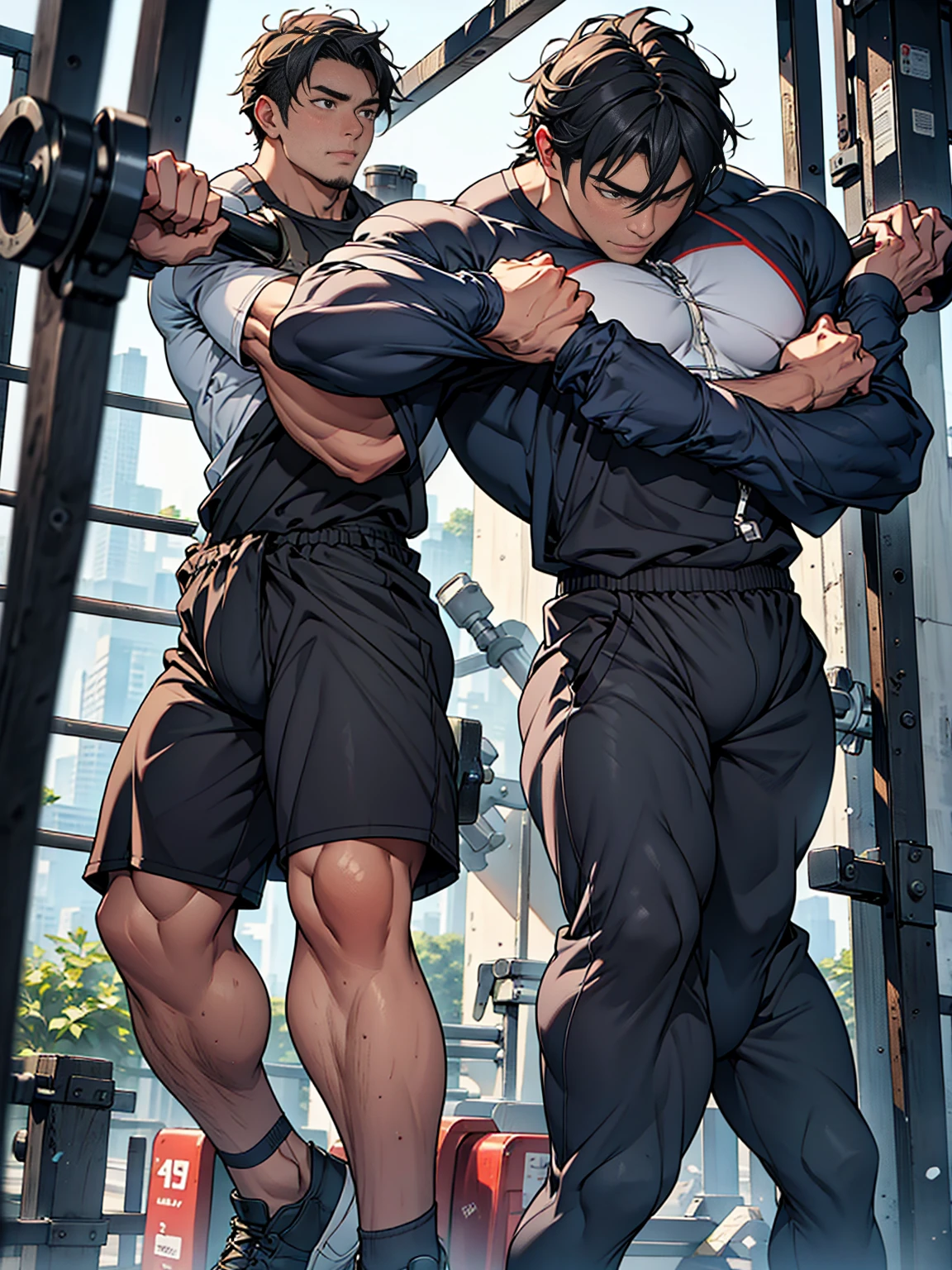 Alone, man, A sweaty male, sexy short hair, lots of hair on legs and armpits, posing standing in the streets, solo boxers trunks, shirtless, revealing a large bulge NSFW.