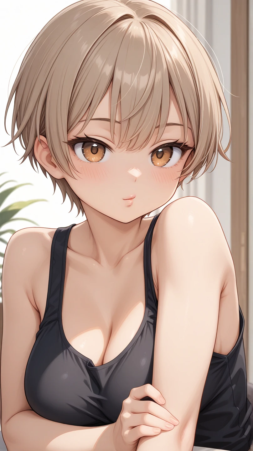 (Masterpiece:1.3), (8K, realistic, raw photos, Best picture quality: 1.4), Japanese schoolgirl、(Random hairstyle:1.2)、big breast,rift:1.2、Very detailed page、See Apartment Detail、Double eyelids、Sharp focus:1.2、beautiful woman:1.4、light brown hair、Highest quality、Masterpiece、Ultra high resolution、(realistic:1.4)、A highly detailed and professional smile brown bikini、Beautiful navel,Beautiful belly、Serious expression、short hair、dangerous position