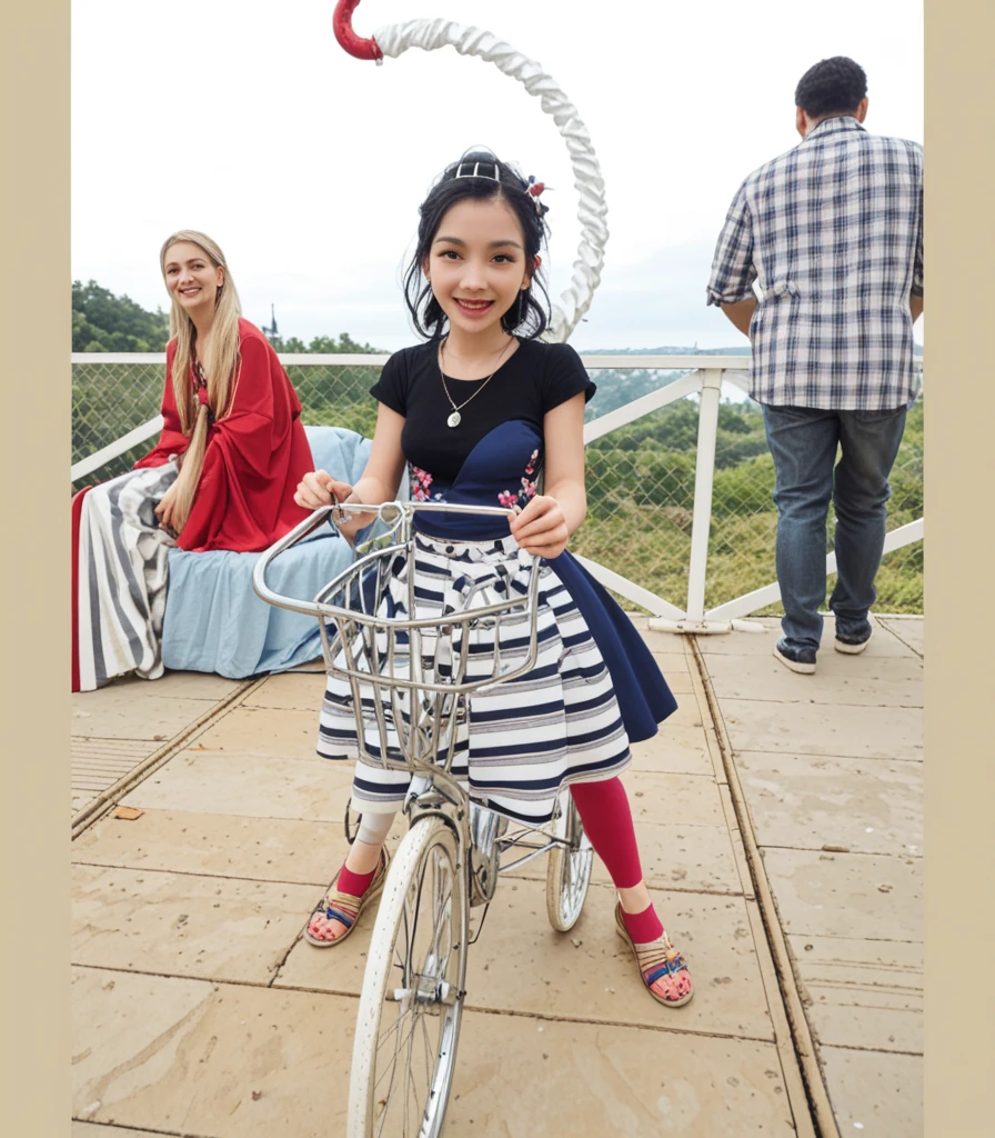 (((realistic full figure portrait of a Little Red Riding Hood riding a tricycle))), teen ager  , photorealistic, full figure, frontal, camera parallel to character's eyes, white neutral background, smiling, serene, front view, she holds a flower bouquet in one hand and the handlebar with the other hand