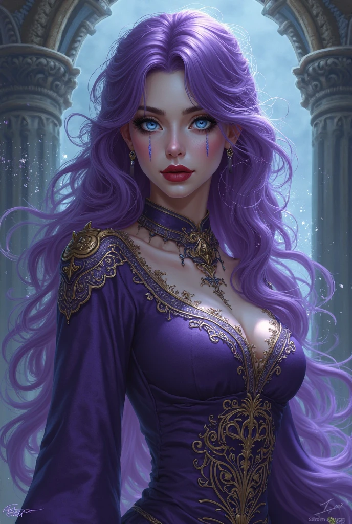 Purple Hair girl, acheron clothes, rich, mage, purple eyes, mage