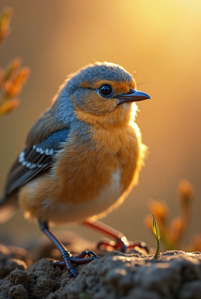 A mesmerizing close-up portrait of a gorgeous little bird illuminated by the soft, golden light of a tranquil morning, with vibrant bokeh balls gently framing its delicate form.