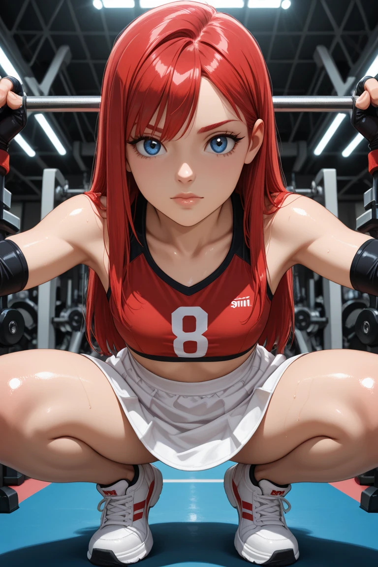Workout, pussy, underboob, at home, red hair, red eyes, glowing eyes, rubbing pussy