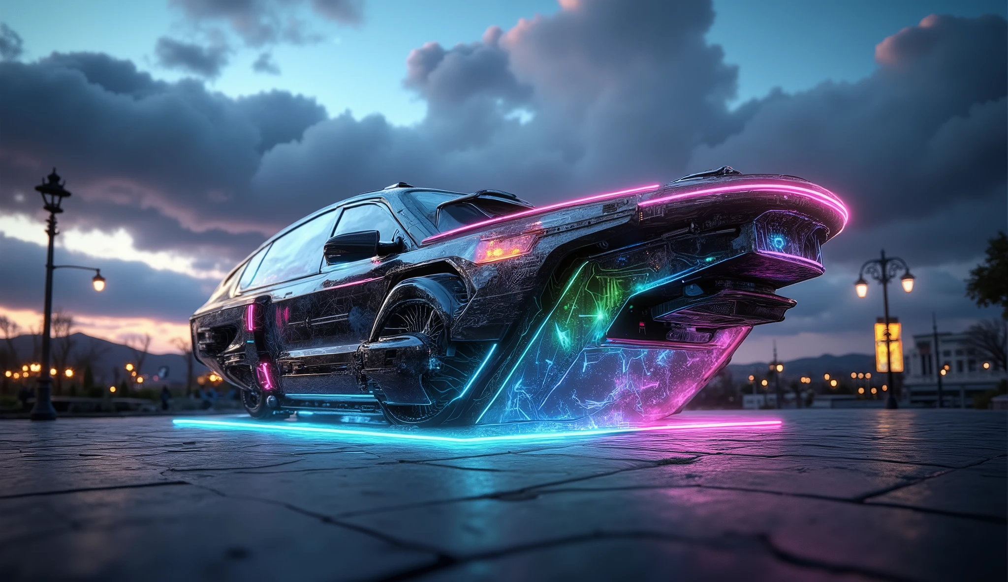 A futuristic utility vehicle from the year 2175, hovering silently with no wheels, powered by magnetic propulsion and quantum cores. The body is sleek and angular, forged from iridescent smart-alloy that shifts color with ambient light. Neon LED outlines pulse along its structure in programmable patterns, glowing in hues of blue, violet, and lime green. The front features a translucent shield with integrated AI interface, displaying holographic instructions and maps. Multiple retractable robotic arms are mounted on the sides, equipped for repair, transport, and scanning tasks. The back includes a modular cargo bay with adaptive containers that light up based on contents. The vehicle hovers over a futuristic city at dusk, its intense neon lights reflecting off sleek buildings, while drones buzz in the sky and neon signs flicker in distant towers.