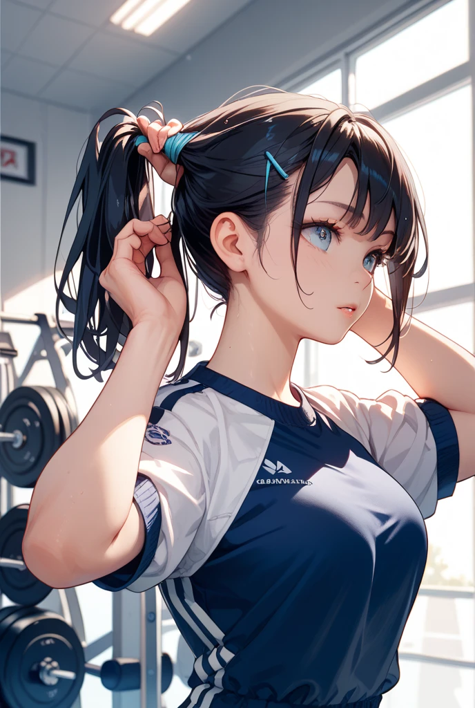 (beautiful detailed dark tan skin:1.7, beautiful dark-skinned female, tanned), (solo:2, 15 yo), (beautiful detailed blunt bangs:1.3), (beautiful detailed black hair long hair) (best beauty girl, sexy closed eyes, glossy lip, best sexy smile:1.1), in a gym uniform, navy blue buruma, break, in the school gym, BREAK, perfect anatomy, masterpiece, best quality, 16k, beautiful detailed summer, daydreaming expression.
